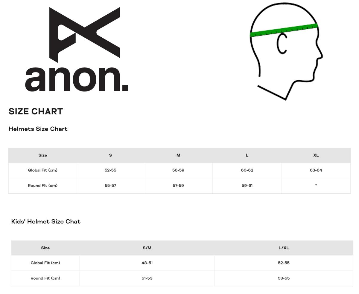 Anon helmet size chart