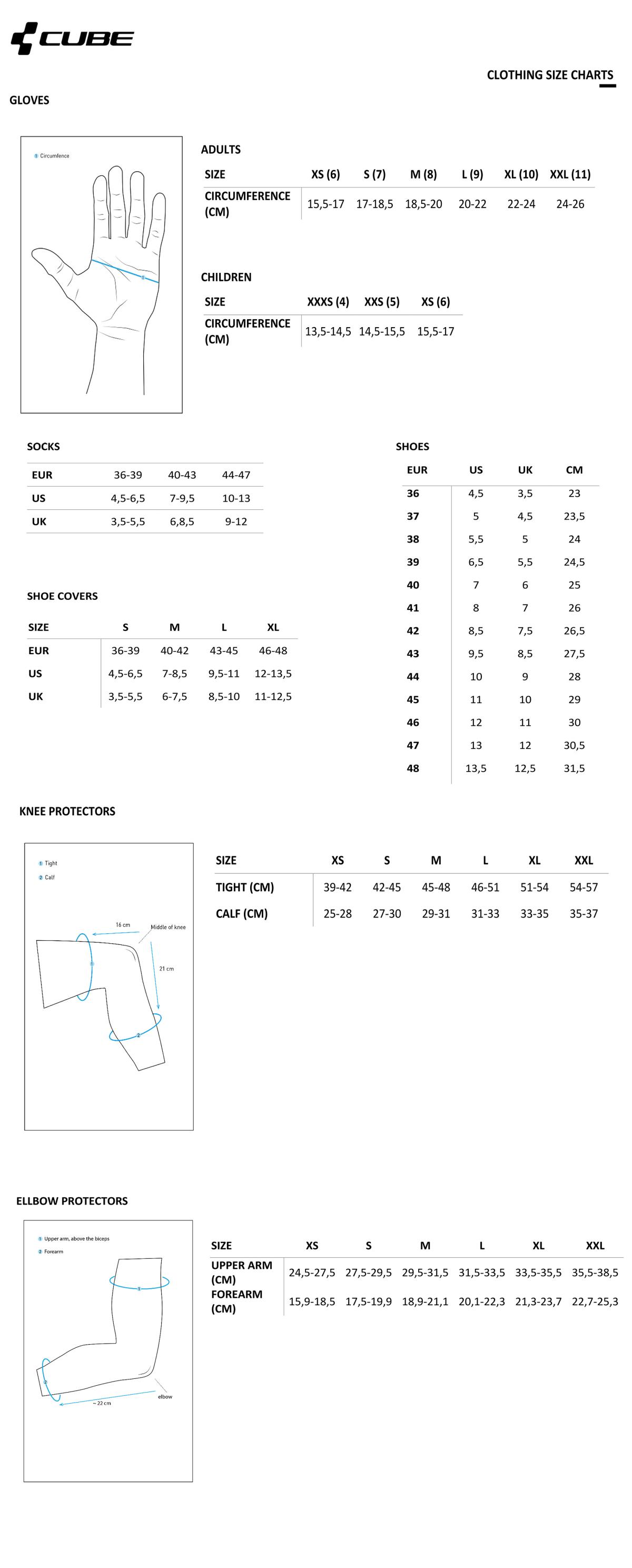 Cube gloves, socks, protectors size chart