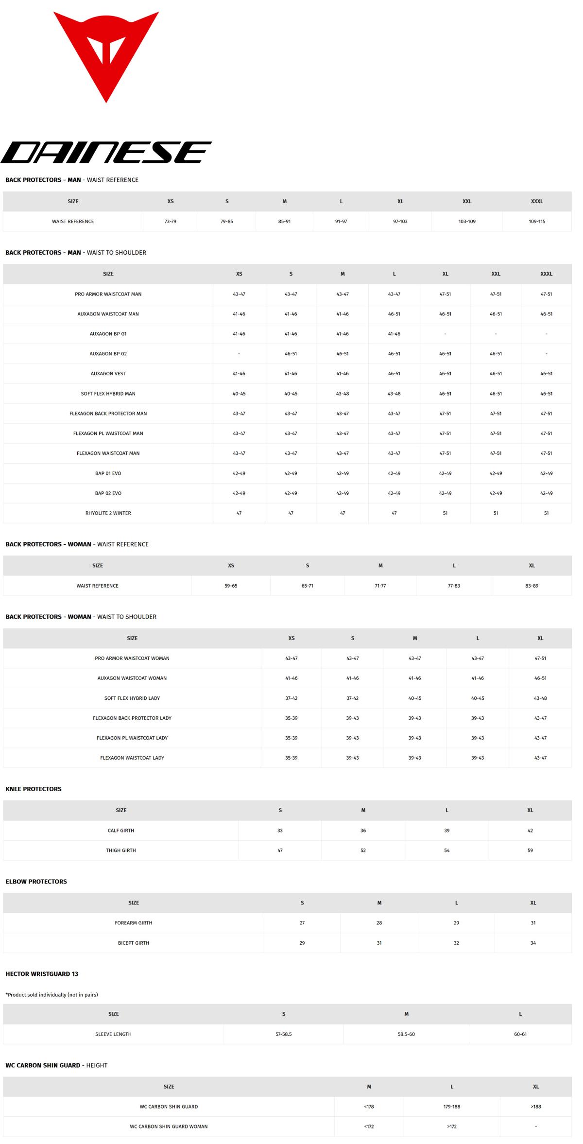Dainese body armour size chart