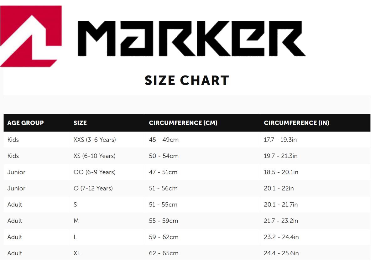 Marker helmet size chart