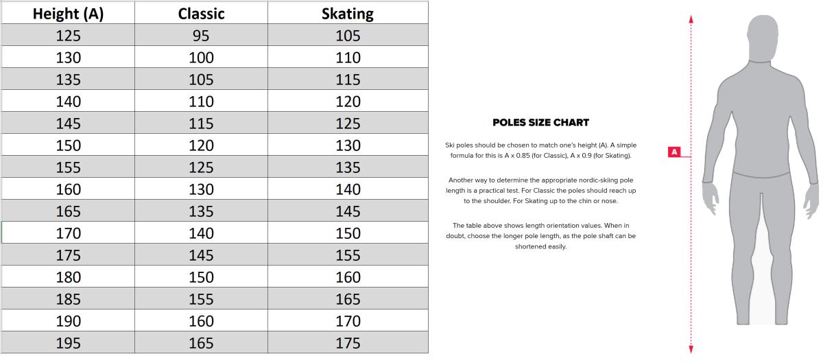 Nordic ski poles size guide